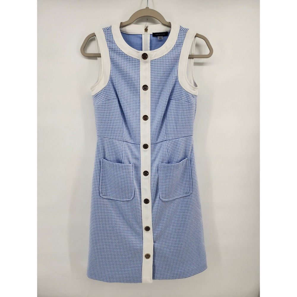 Tommy Hilfiger Blue White Houndstooth Sheath Dress Size 2  Preppy Mod Retro